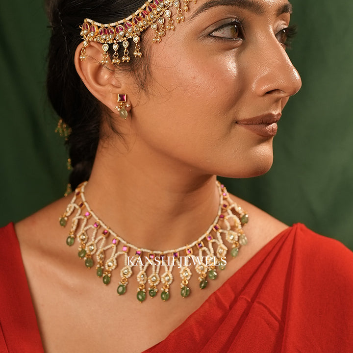 elegant jadau pearls fusion necklace earrings set_
