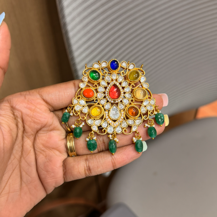 Elegant navratan multipurpose jadau mossanite polki fusion pendant