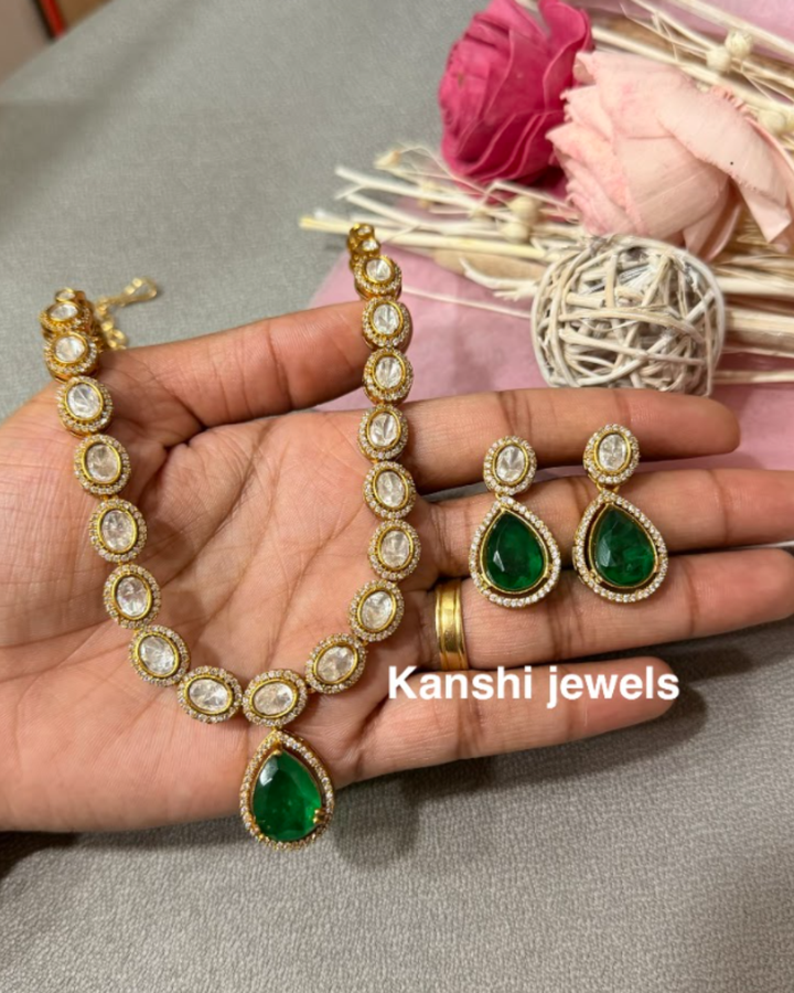 Mossanite emeralds polki necklace earrings set