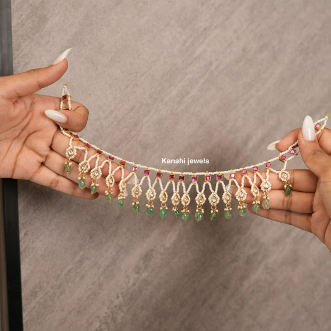 Kundan motives pearls handwork necklace earring set