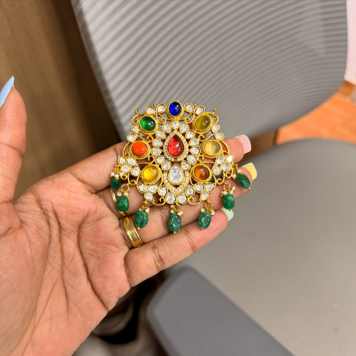 Elegant navratan multipurpose jadau mossanite polki fusion pendant