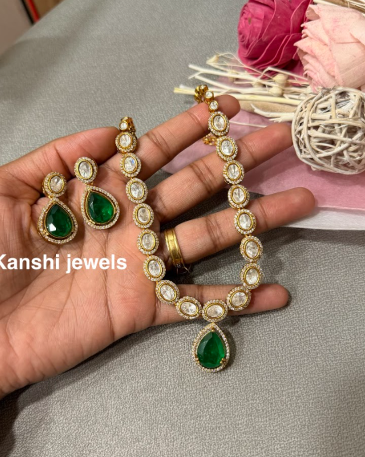 Mossanite emeralds polki necklace earrings set