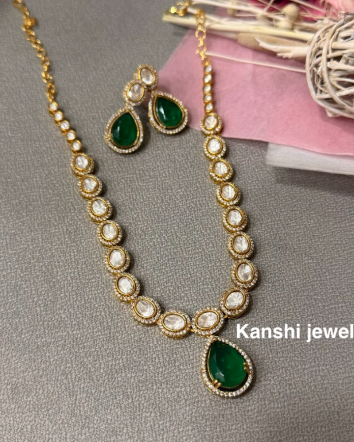 Mossanite emeralds polki necklace earrings set