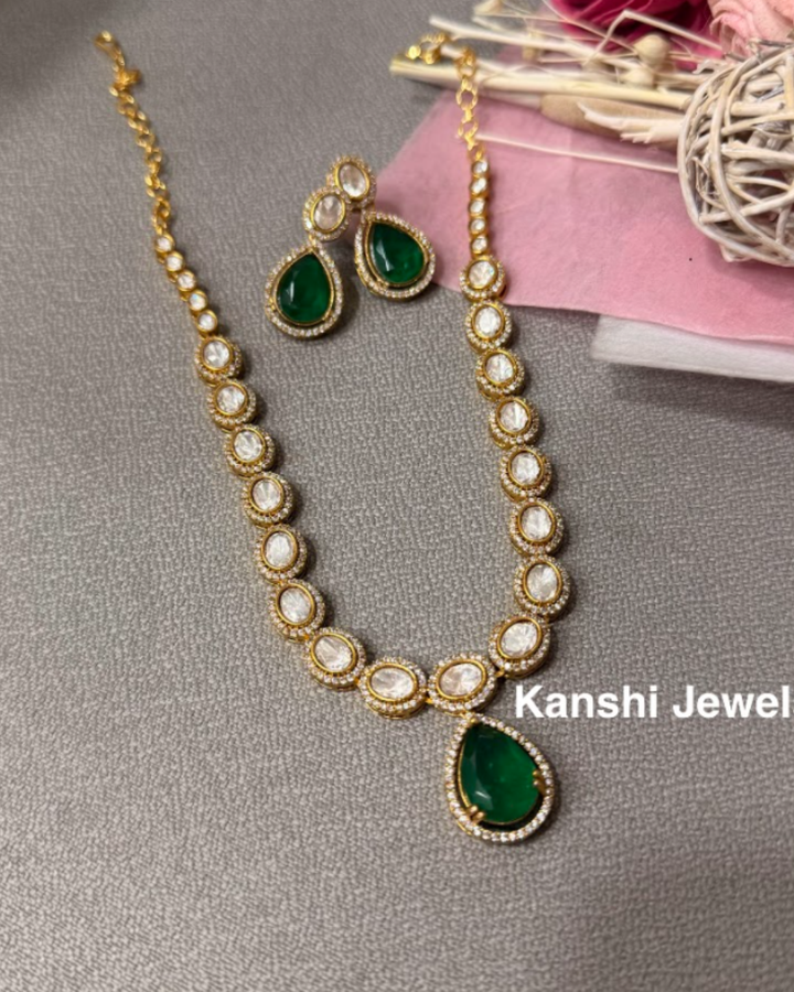Mossanite emeralds polki necklace earrings set