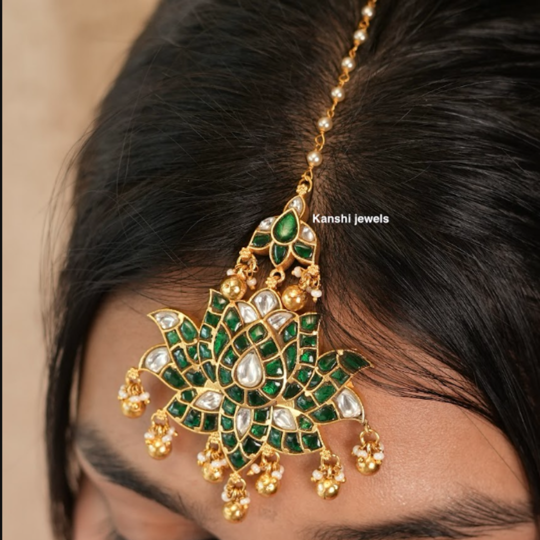 Gold look emerald look nakashi hasli necklace tika earring rani set