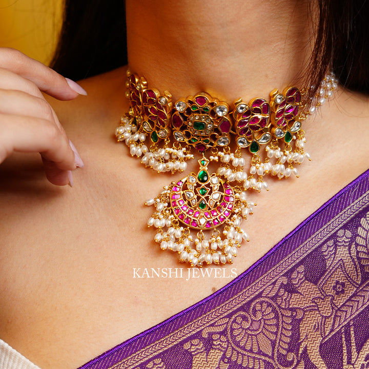Dulhan kundan peacock motives pearls necklace chokar
