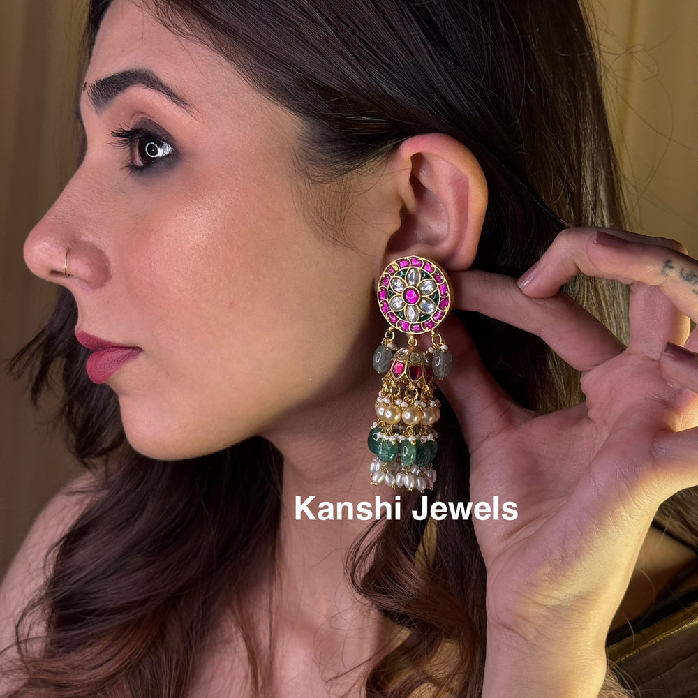 Jadau Kundan earrings by Kanshi Jewels,
Dulhan Kundan earrings,
Traditional Jadau earrings design,
Handcrafted Kundan earrings set,
Gold Jadau earrings for wedding,
Jadau Kundan earrings,
Kundan jhumka earrings,
