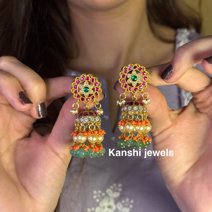Jadau Kundan earrings by Kanshi Jewels,
Dulhan Kundan earrings,
Traditional Jadau earrings design,
Handcrafted Kundan earrings set,
Gold Jadau earrings for wedding,
Jadau Kundan earrings,
Kundan jhumka earrings,
