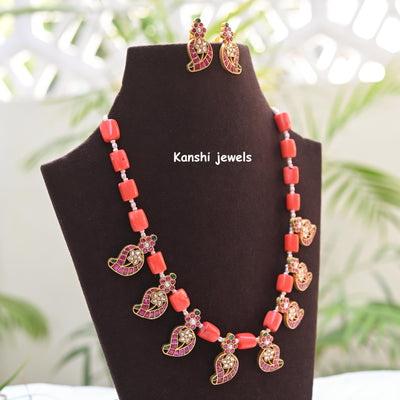 Jadau coral mango necklace set & earrings set