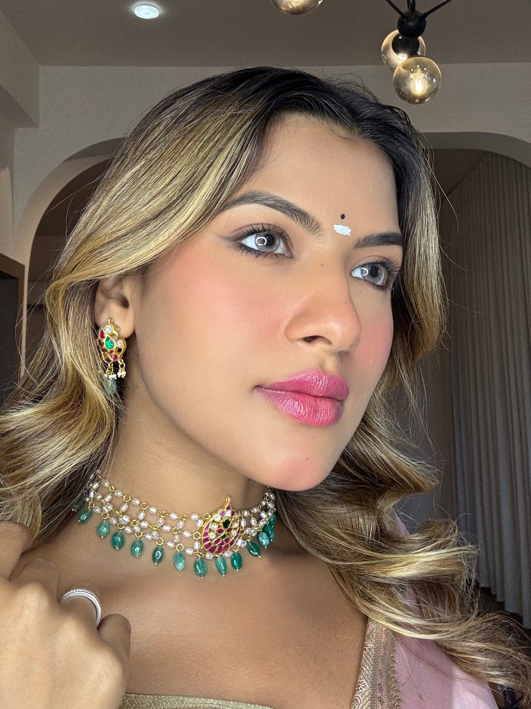 Elegant Jadau motive pearl peacock fusion set