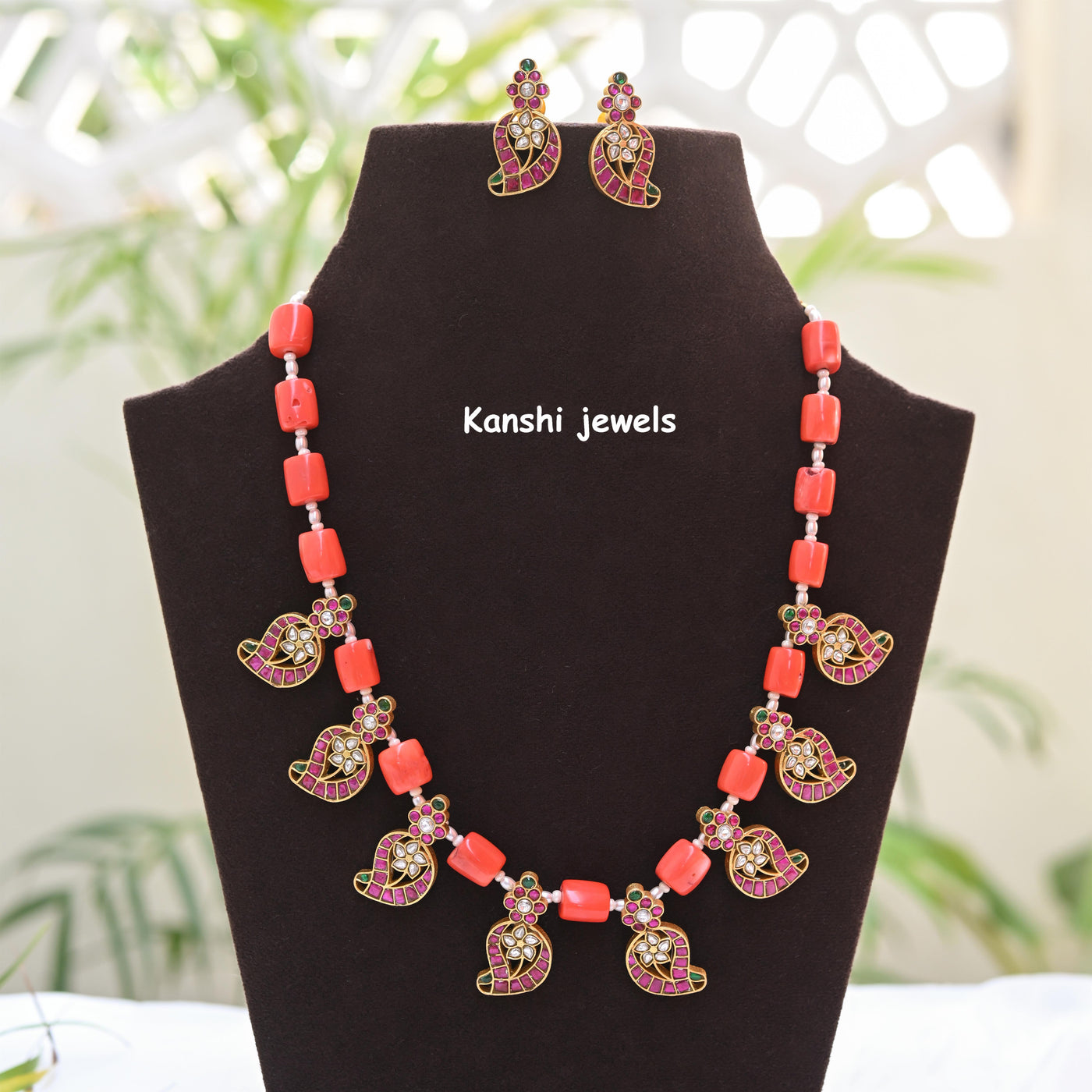 Jadau coral mango necklace set & earrings set