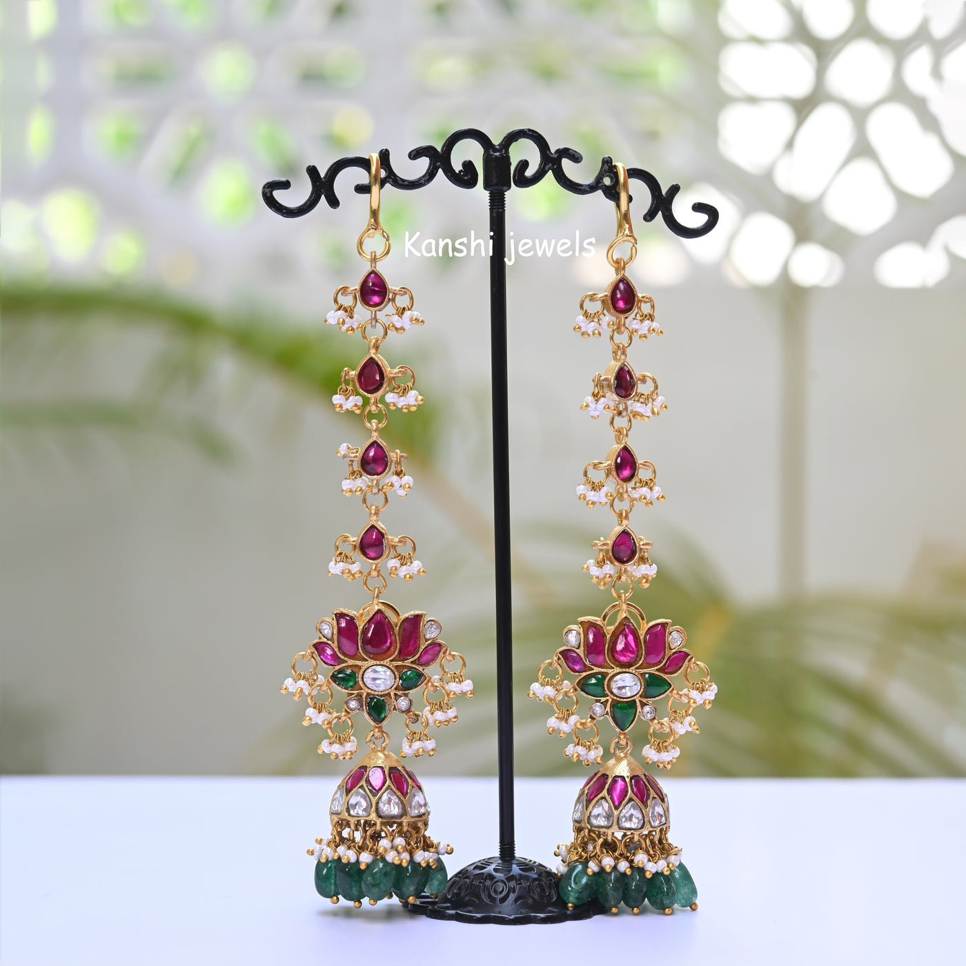 Jadau jhumkas with ear chain