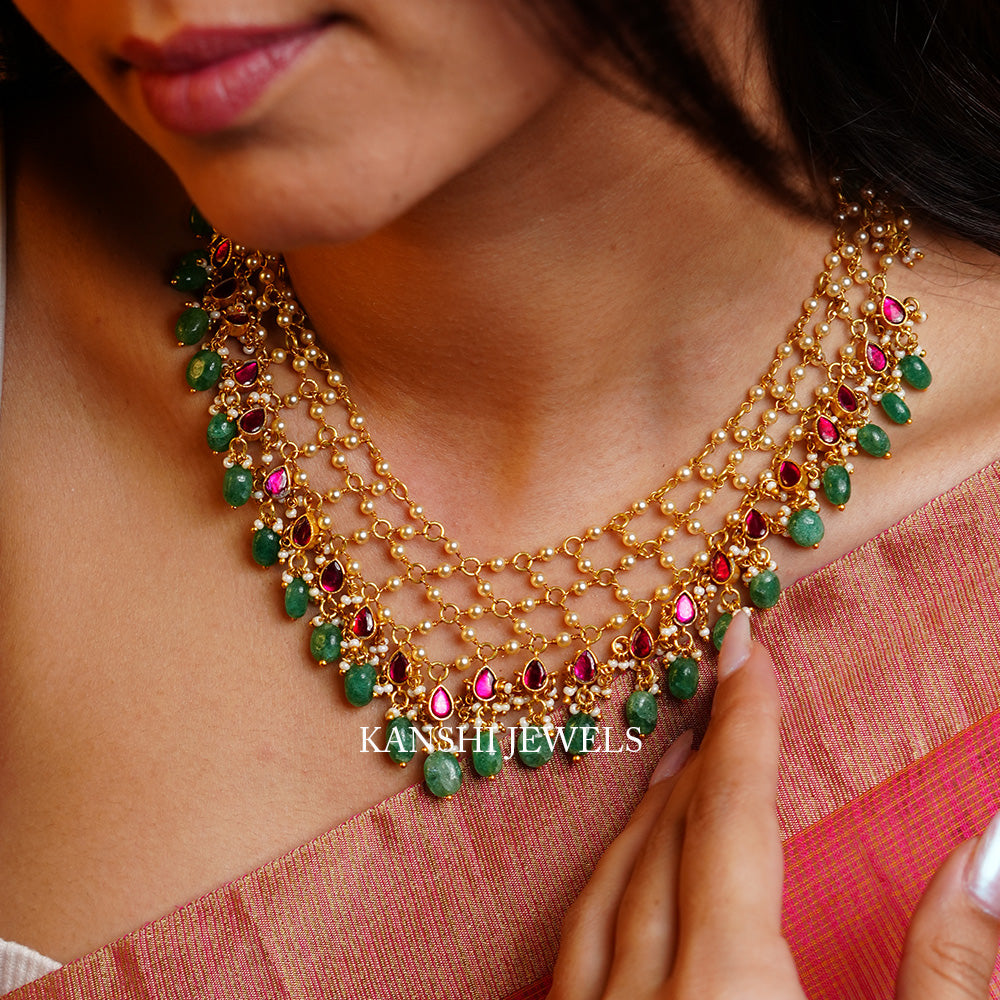 Most elegant swaroski emerald kundan fusion necklace