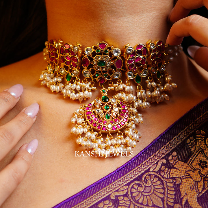 Dulhan kundan peacock motives pearls necklace chokar