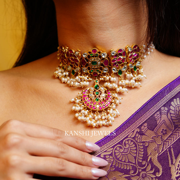 Dulhan kundan peacock motives pearls necklace chokar