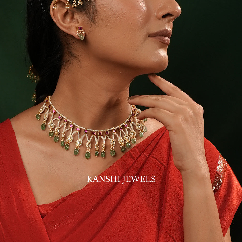 elegant jadau pearls fusion necklace earrings set_