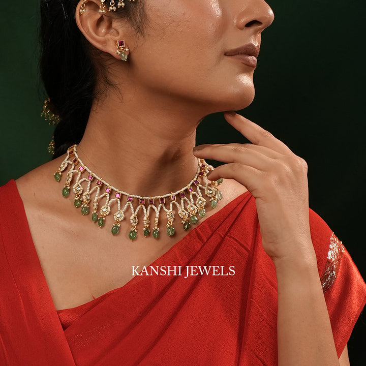 elegant jadau pearls fusion necklace earrings set_