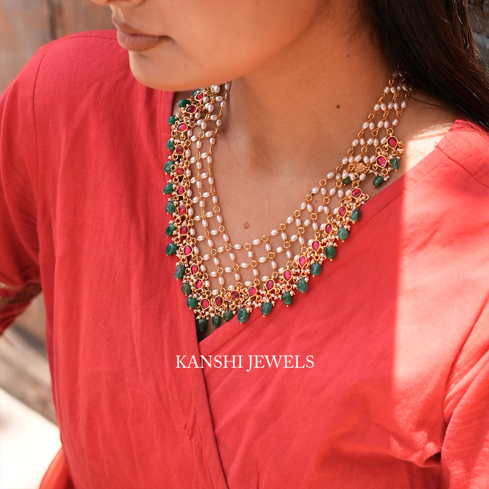 Most trending jadau motives rice pearls emerald fusion jali set