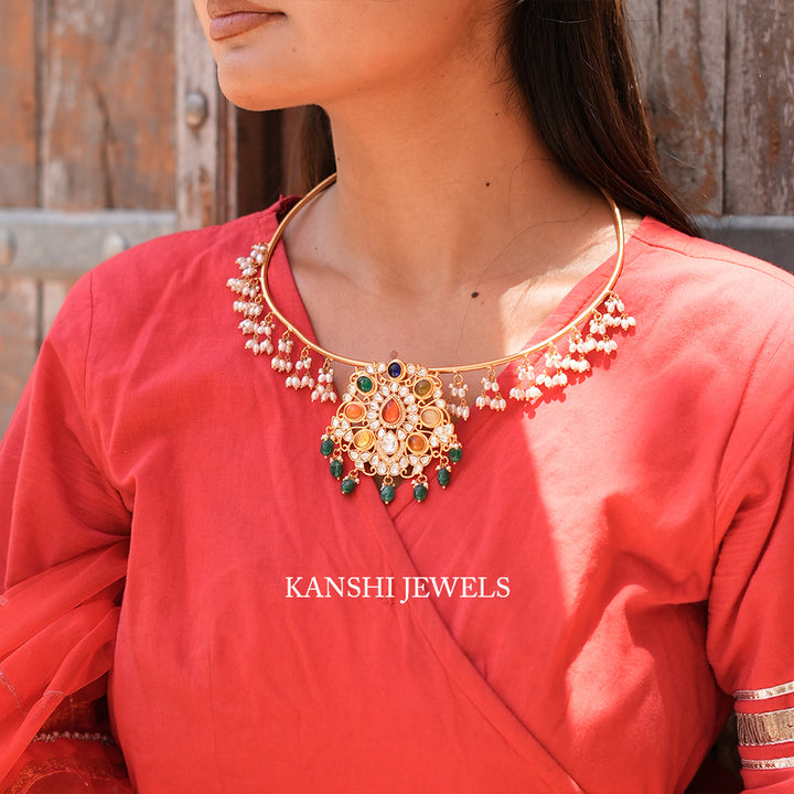 Navratan polki pendant with detachable hasli necklace