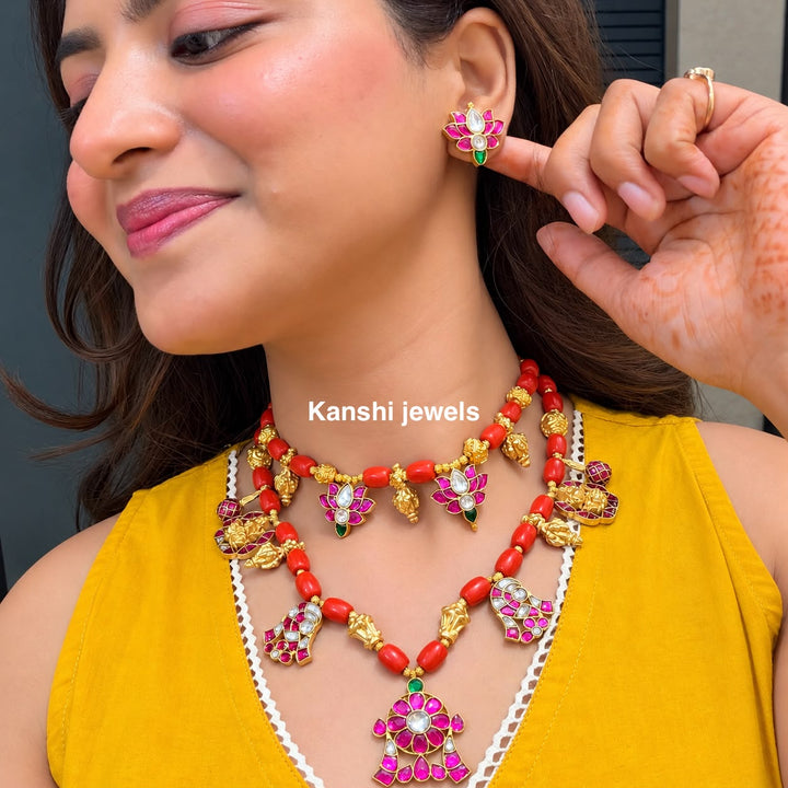 Exclusive Coral nakashi kundan fusion necklace earrings set