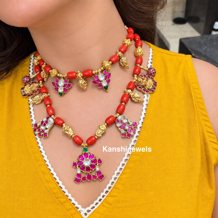 Exclusive Coral nakashi kundan fusion necklace earrings set