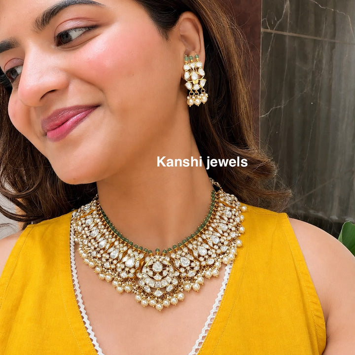 Diamond polki look emerald pearl fusion mossanite set