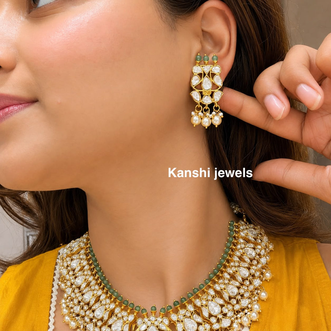 Diamond polki look emerald pearl fusion mossanite set