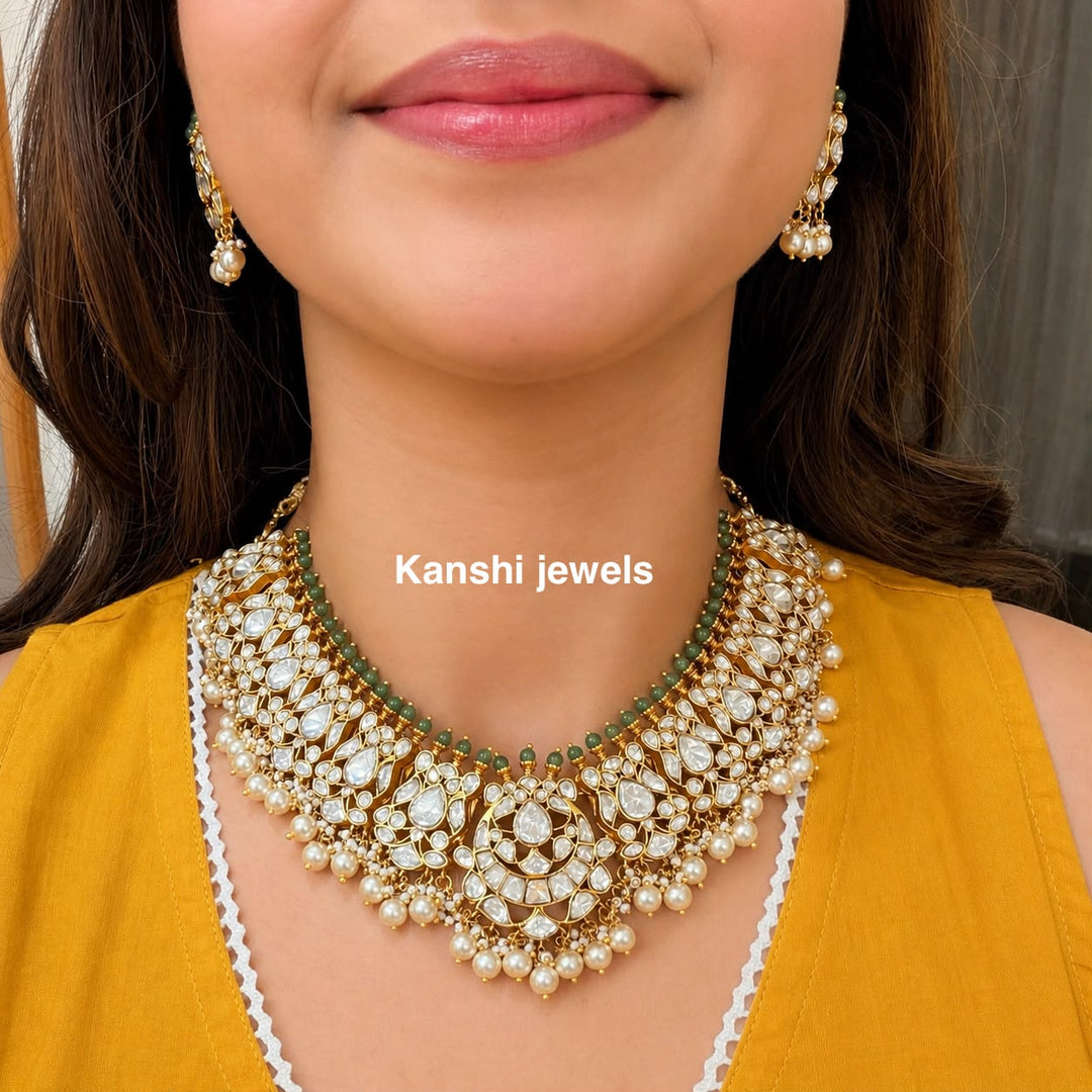 Diamond polki look emerald pearl fusion mossanite set