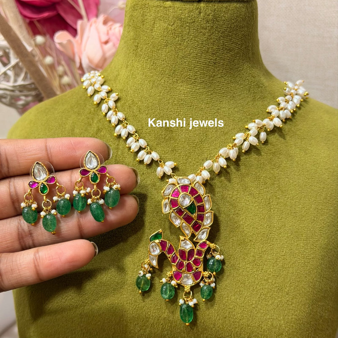 Classic peacock motive pendant tops with semi rice pearls detachable chain