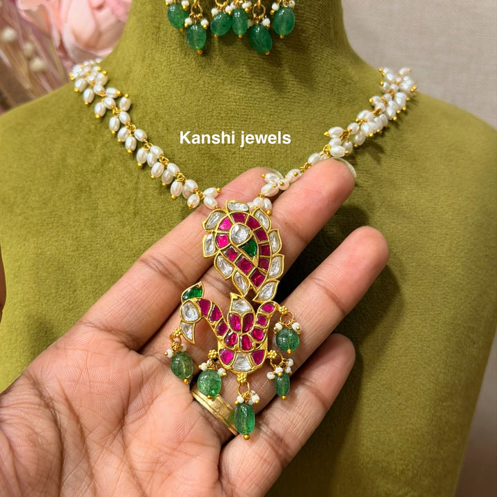 Classic peacock motive pendant tops with semi rice pearls detachable chain