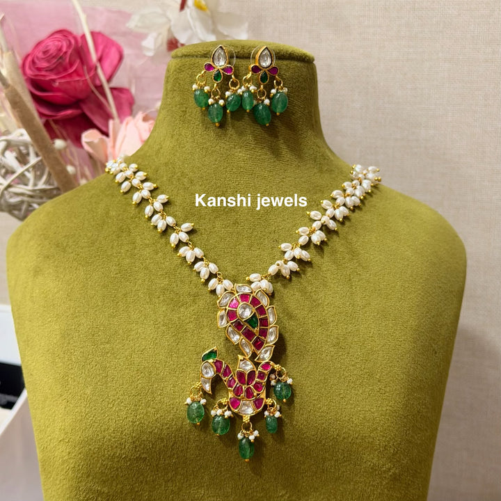 Classic peacock motive pendant tops with semi rice pearls detachable chain