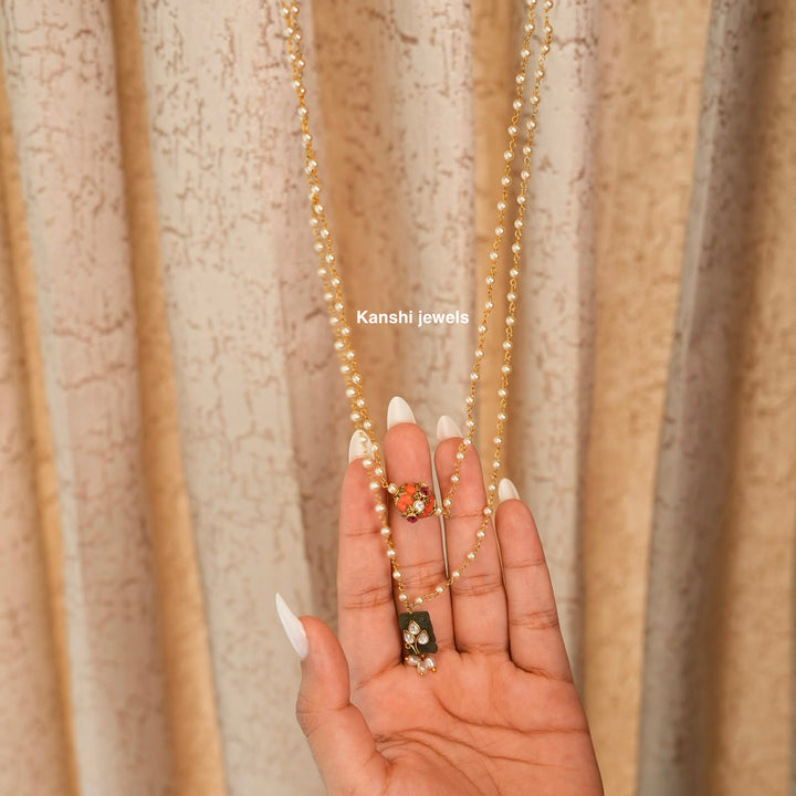 Most elegant coral jadau work with emerald jadau pearl chain necklace