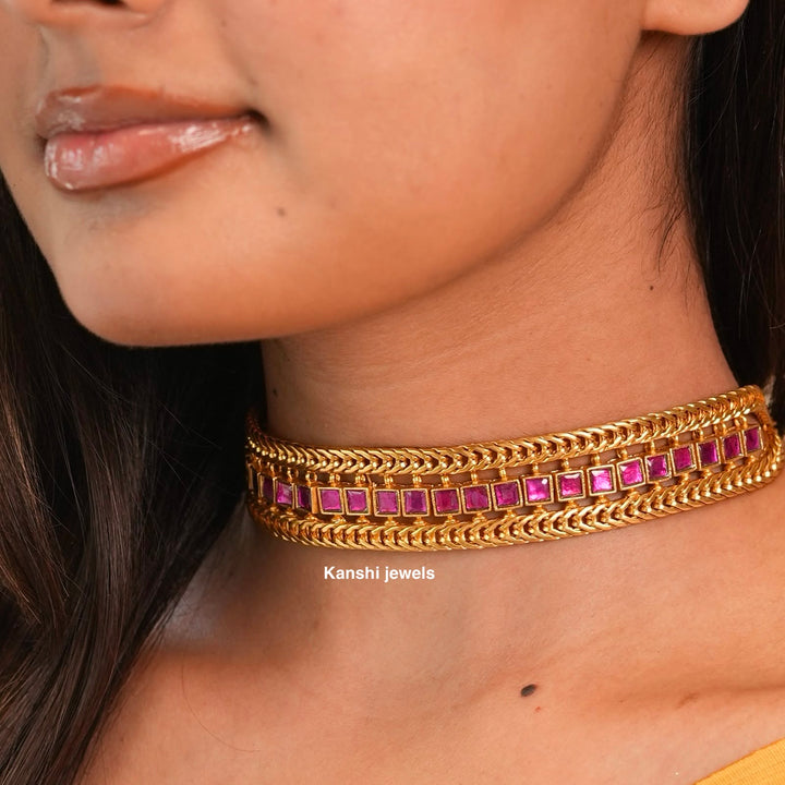 Exclusive gold look kundan nakashi flexible chain chokar