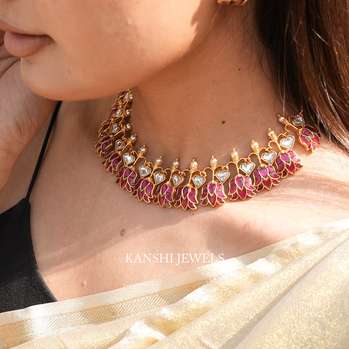 Lotus motives dulhan jadau necklace earrings set