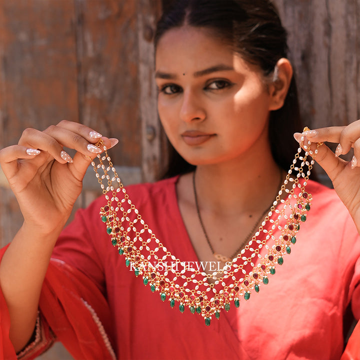 Most trending jadau motives rice pearls emerald fusion jali set