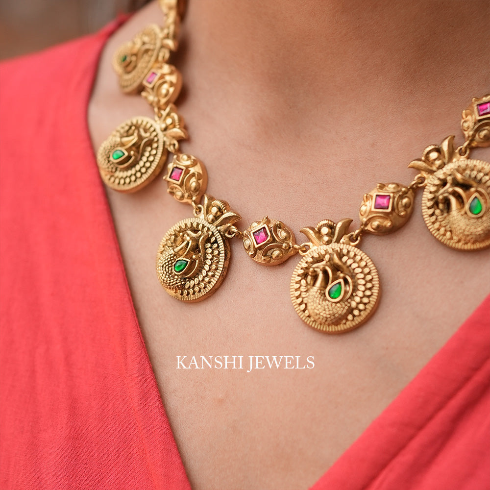 gold look peacock motives buttu necklace