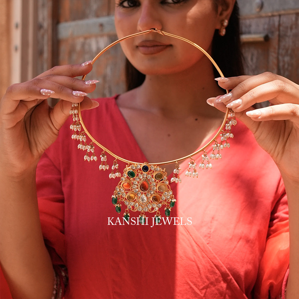 Navratan polki pendant with detachable hasli necklace