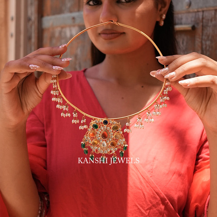 Navratan polki pendant with detachable hasli necklace